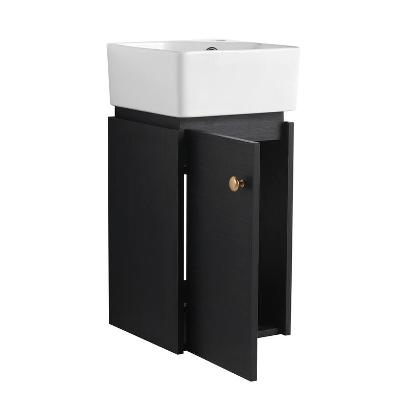 Small Bathroom Vanity with Sink, 12-Inch Black Chestnut Cabinet, Wall-Mounted with Soft-Close Door - 12in L Plywood