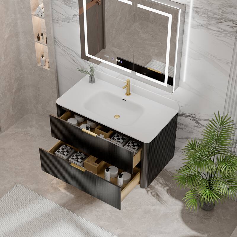 Modland Fluted Floating Vanity with Sink, Plywood Wall Mount Cabinet, Curved Edge, 24/30/36 Inch