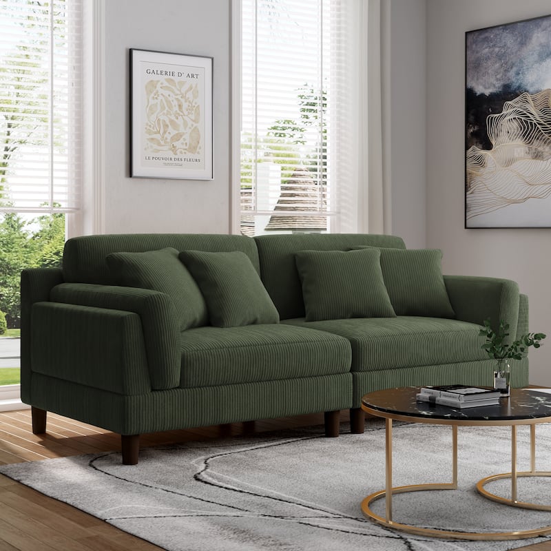 90" Corduroy Sectional Sofa Lounge Sleeper Sofa - Green Set&4 Pillows