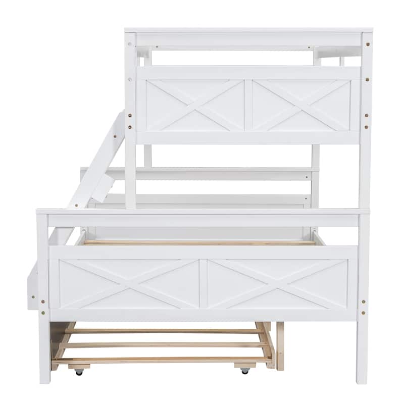 Space-Saving Twin Over Full Bunk Bed with Trundle and Ladder, White