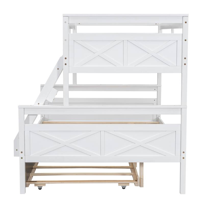 Twin Over Full Bunk Bed With Ladder, Twin Size Trundle, Safety Guardrail