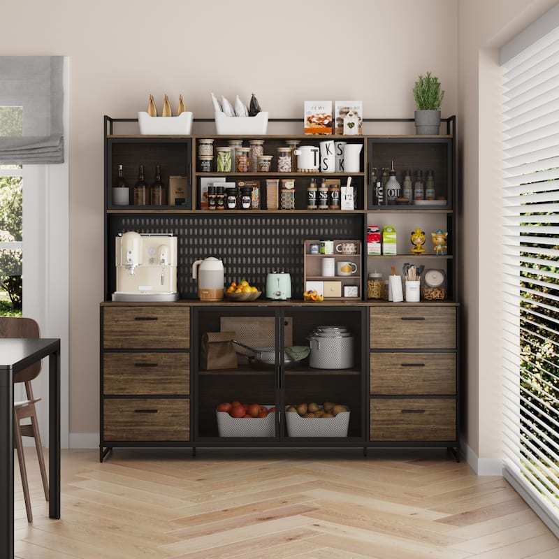 Wood color 70.9" Kitchen Pantry Cabinet with Microwave Stand & Hutch - 70.9"W