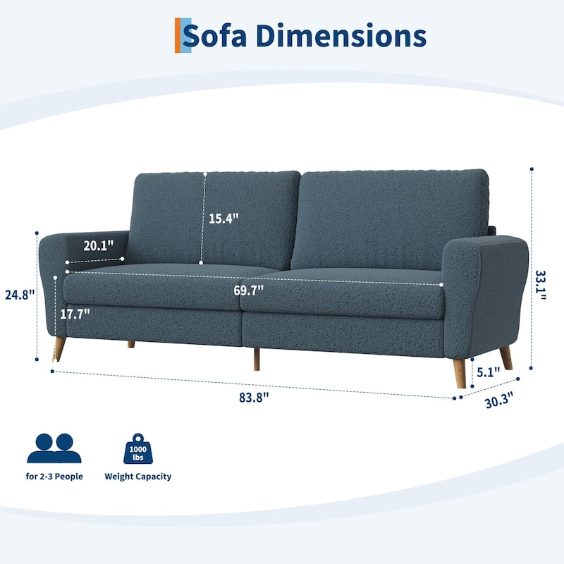 84 inch Sofa Couch, Comfy Loveseat Sofa for Small Spaces, 3 Seater Couch with Deep Seats, Wide Armrests