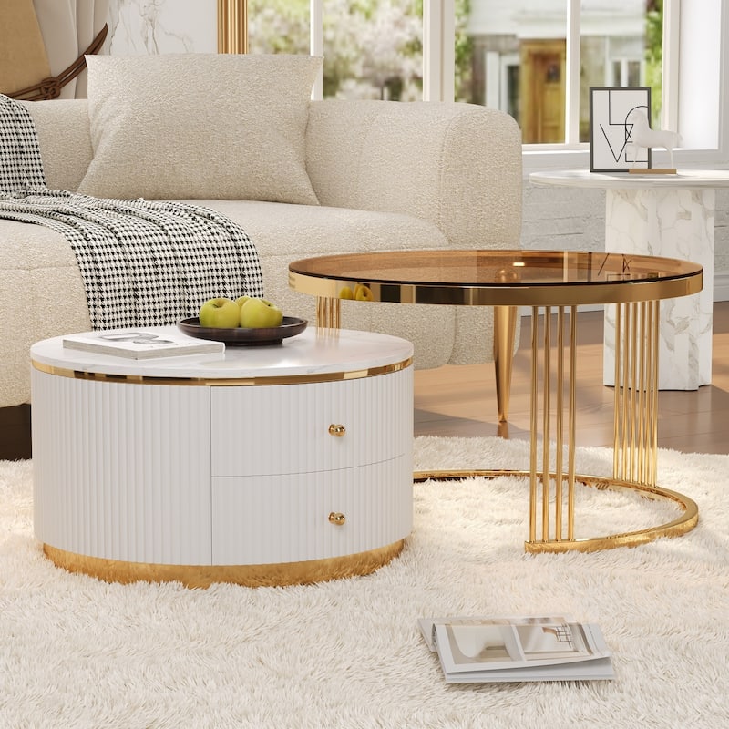 Modern 2 Pieces Round Nesting Coffee Table with Drawers and Brown Tempered Glass Top in 27.6"