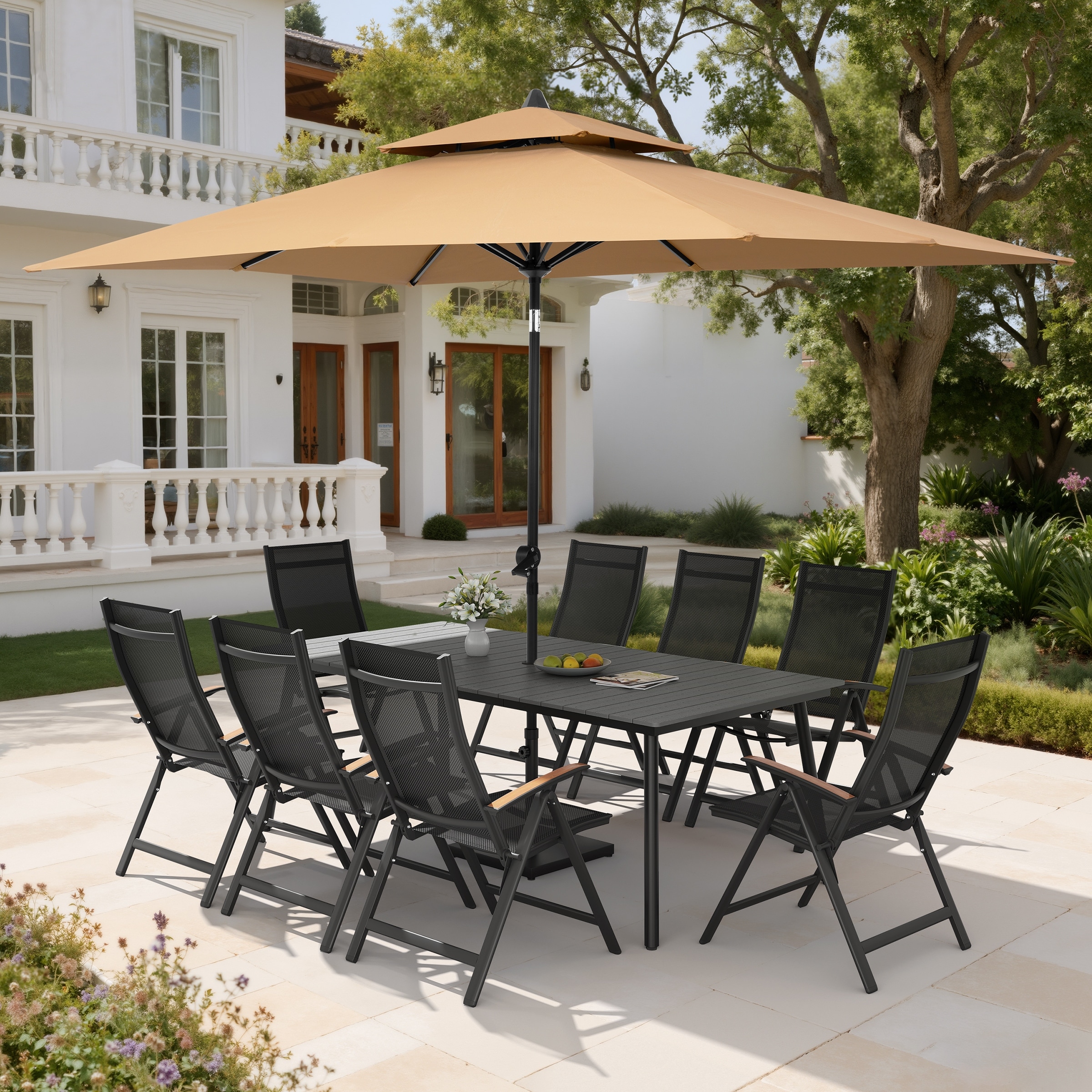 11PC Outdoor Patio Dining Set Aluminum Table with Folding Armchairs w/ Market Umbrella Sets