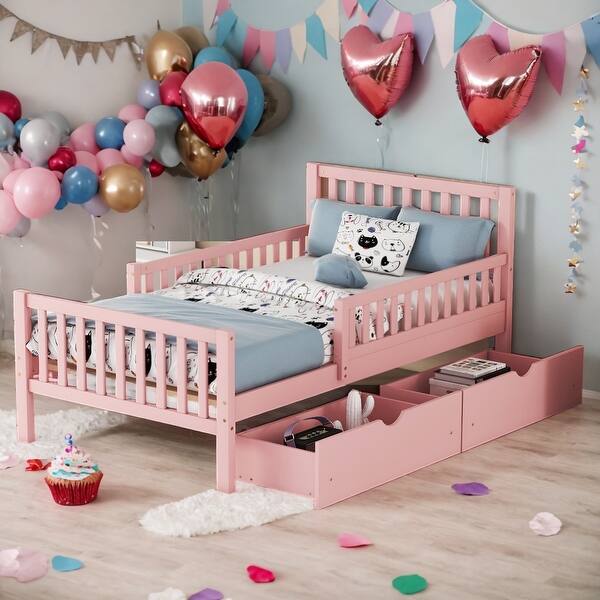 slide 2 of 12, Twin Size Wood Platform Bed with Guardrails on Both Sides and Two Storage Drawers Pink