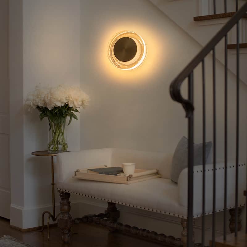 Round LED Wall Sconce Clear Textured Handblown Glass Shade Dimmable