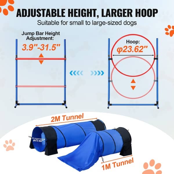 JMMPOO Agility Set honden, 65-delige behendigheidsuitrusting voor hondentraining, spelletjes met hondentunnel, horden, 8 slalomstangen, springring, 2 tennisbalspeelgoed, pauze-box, traktatiezak