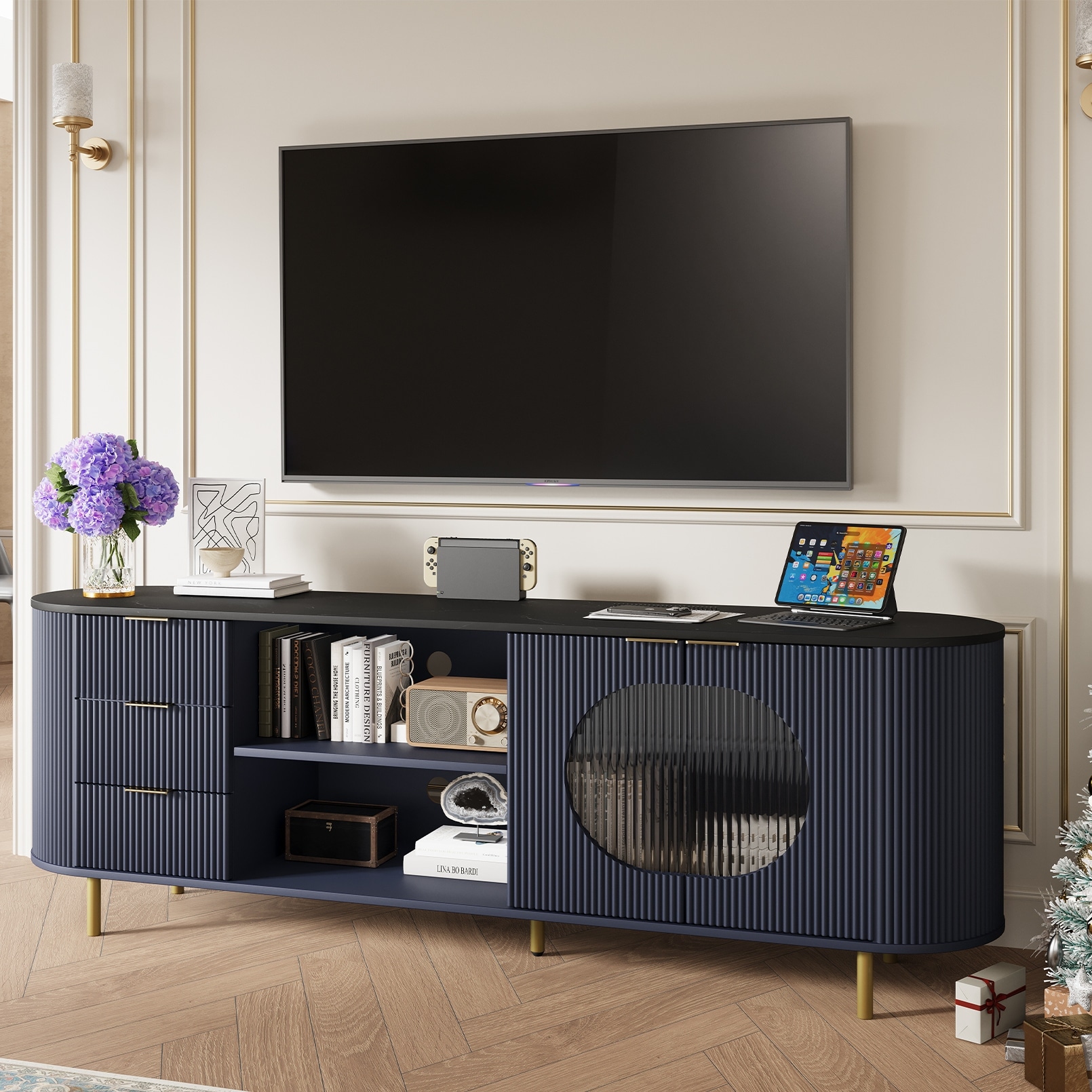 65'' Modern TV Stand, Fluted Media Console with Faux Marble Top, Gold Accents
