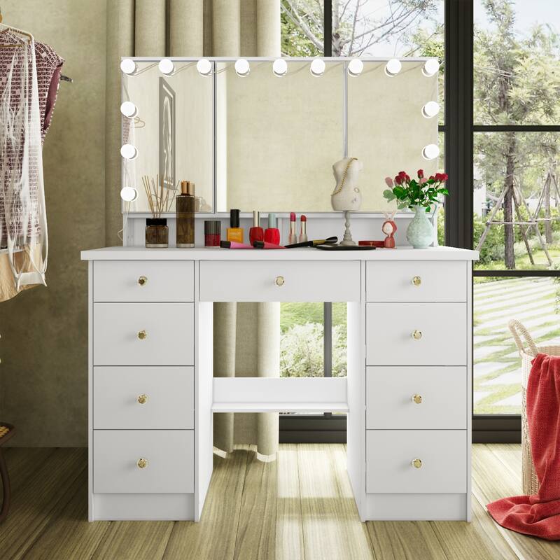 40.2"W Beauty Station with 3 Mirrors Makeup Vanity for Dressing - White