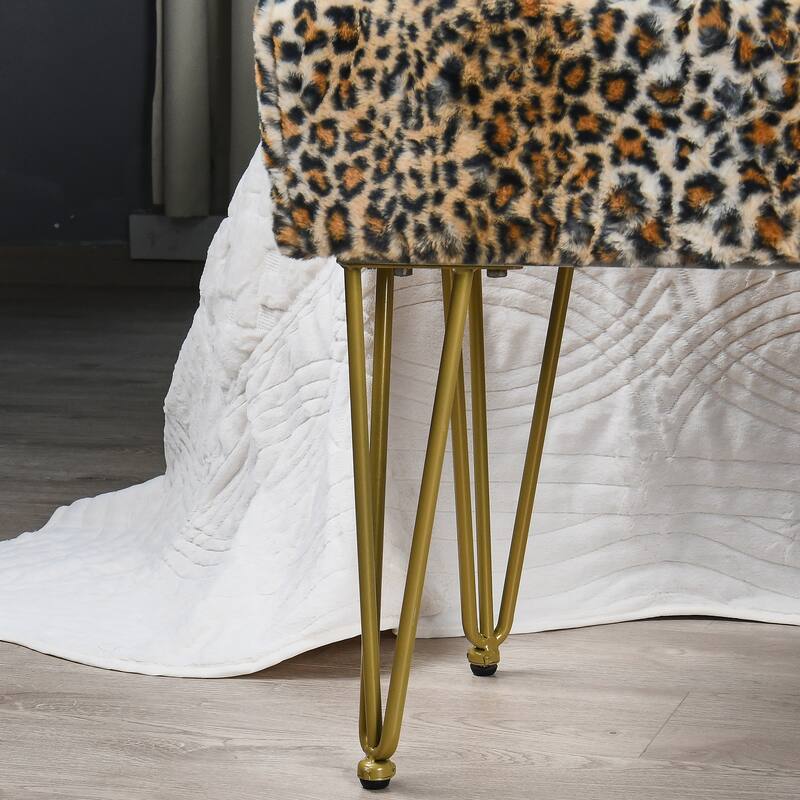 Home Soft Things Leopard Fauxfur Ottoman with Gold Metal Legs