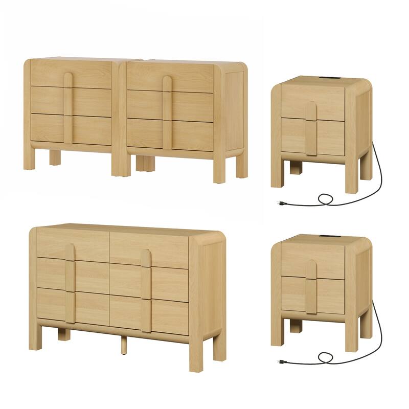 WAMPAT Wooden Dresser And Nightstand Sets, 5 Pcs Bedroom Set, Night Stand Set Of 2, 12 Drawer Dresser With Curved Profile Design