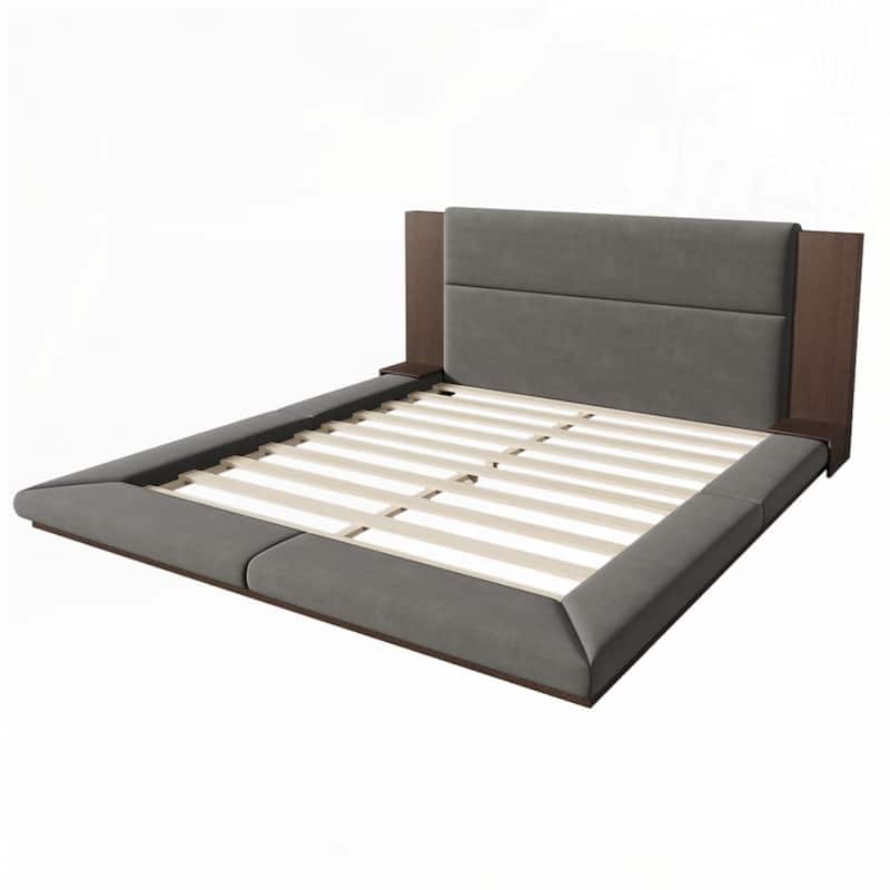 Floor Upholstered Platform Bed with Extended Wood Headboard and Bedside Shelf