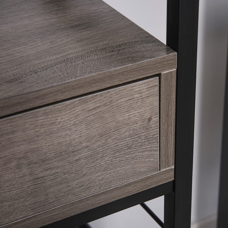HOMCOM Industrial Style Side Table with 1 Drawer, Shelf, Wheels Wooden Bedside Table Night Stand, Home Furniture, Grey