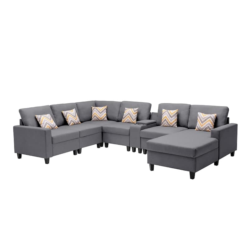 Linen Fabric 7 Piece Reversible Chaise Sectional Sofa with Storage Console Table and 6 Pillows