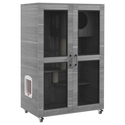 PawHut Luxury Cat House with Wheels, Kitty Cage Catio Villa - Gray