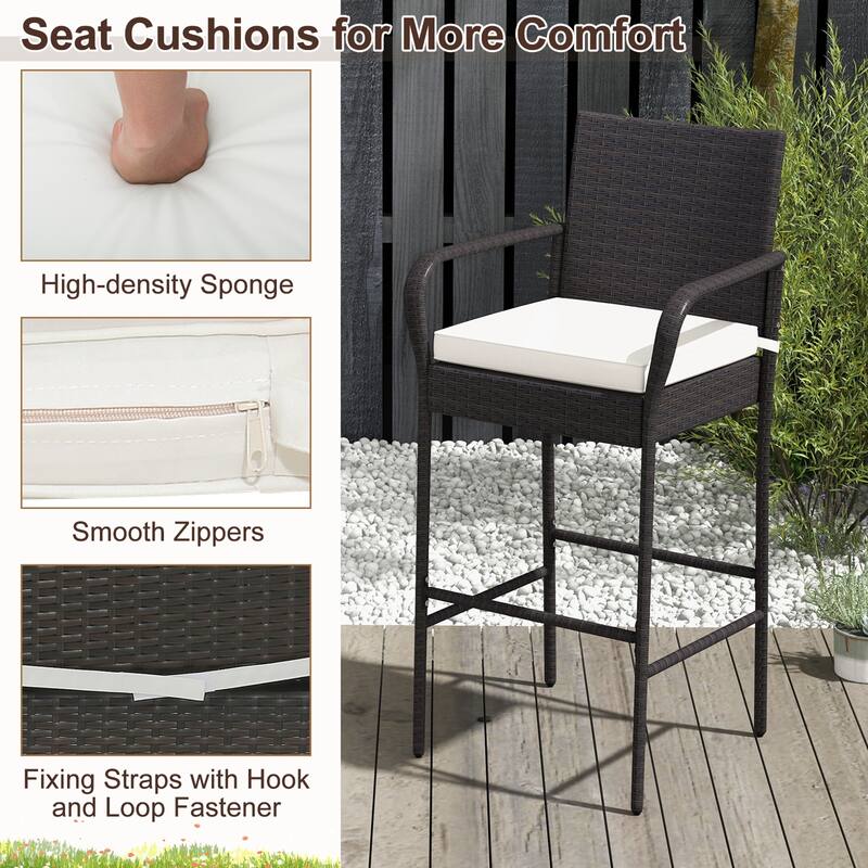 2PCS Patio PE Wicker Bar Chairs Counter Height Barstools with Cushions