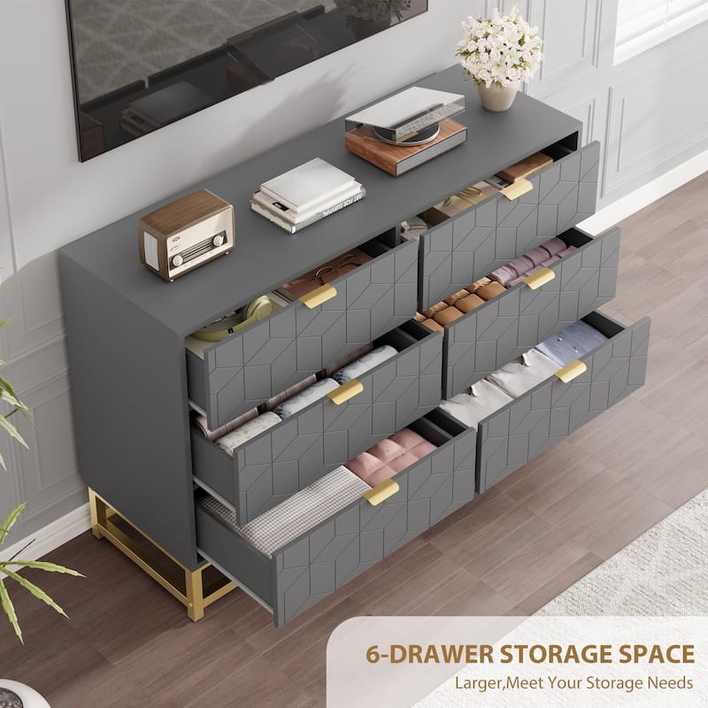 6 Drawer Dresser, with Gold Handles, for TV Stand & Closet