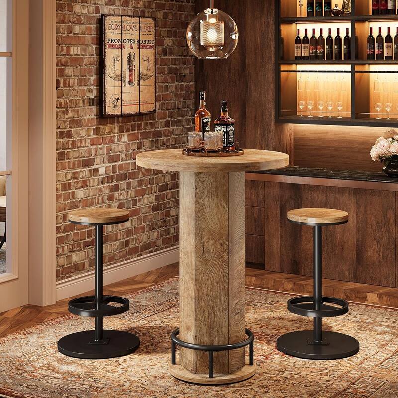 Round Bar Table with Chairs, Industrial Bistro Pub Sets with 2 barstools - 11.42" L x 11.42" W x 25.59" H