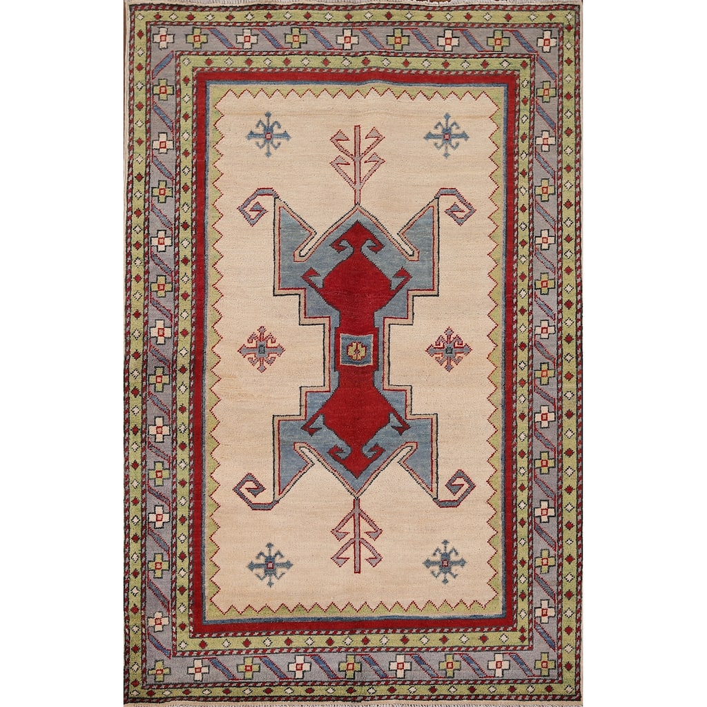Oriental Beige Kazak Area Rug Handmade Wool Carpet - 4'1" x 6'0"