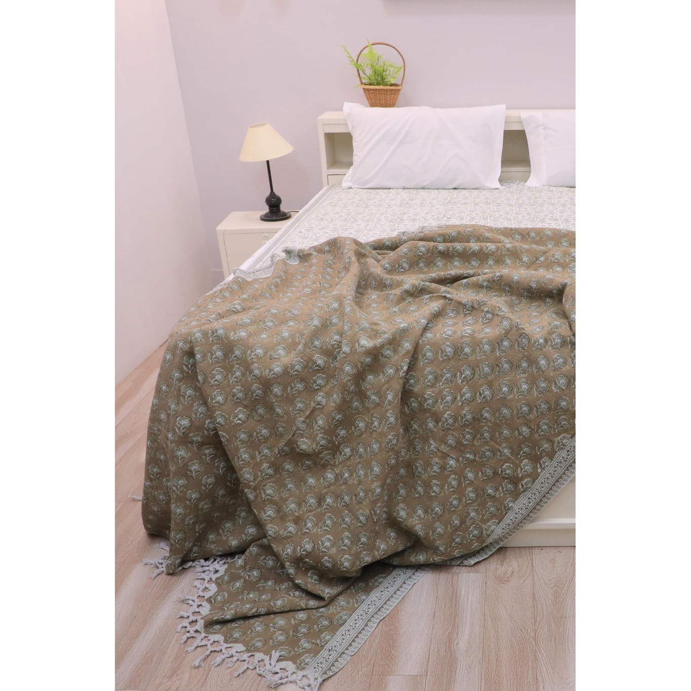 Fabdivine Rohini Handwoven Cotton Throw Blanket - Floral Block Print Decorative Home Accent with Artisan Fringe, 90" x 54"