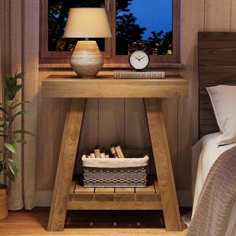 2-Tier Wooden End Table, Farmhouse Small Sofa Side Table with Storage