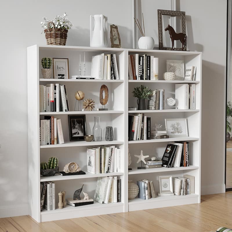 5 Shelf White Bookcase 60 inch Tall Wood Bookshelf for Bedroom