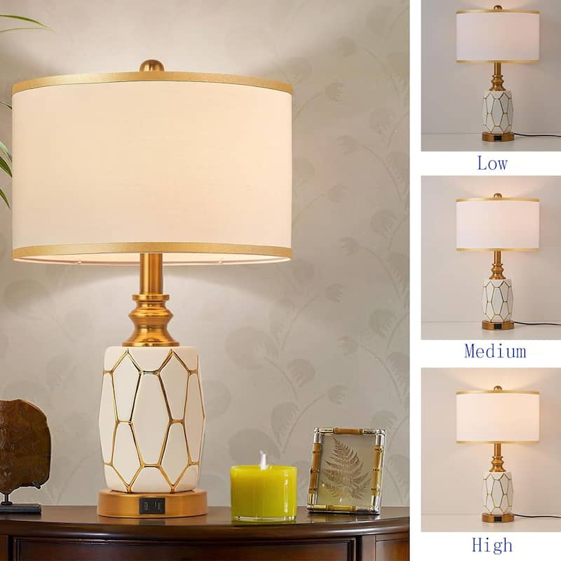 Modern Ceramic Table Lamp with USB Port, Fabric Drum Shade