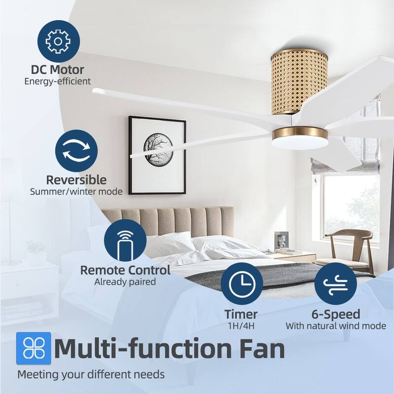 54 Inch. 5 Blades Dc Motor Indoor Flush Mount Ceiling Fan With light kit and Remote - 54"