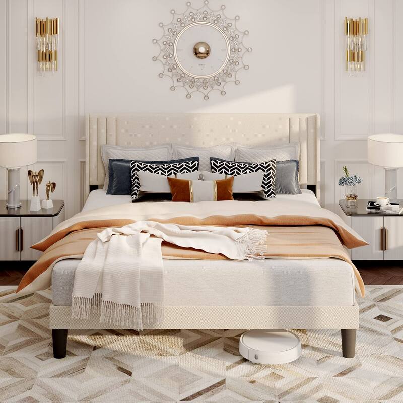 Queen Bed Frame with Wingback Headboard, Upholstered Platform Bed with Geometric Headboard, Wooden Slats, No Box Spring Needed
