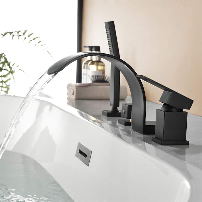 Deck Mount Waterfall Tub Faucet With Handheld Shower Brass 4 Holes Roman Bathtub Faucet Modern Tub Filler With Hnad Sprayer