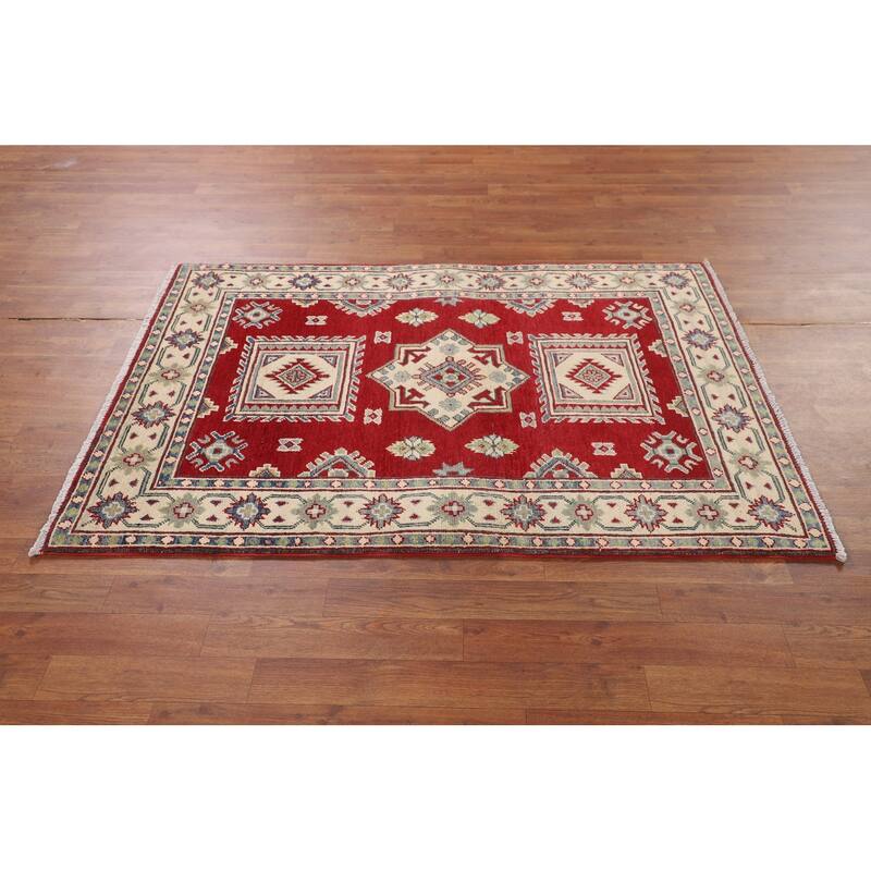 Red Geometric Kazak Foyer Rug Handmade Oriental Wool Carpet - 3'6" x 5'1"