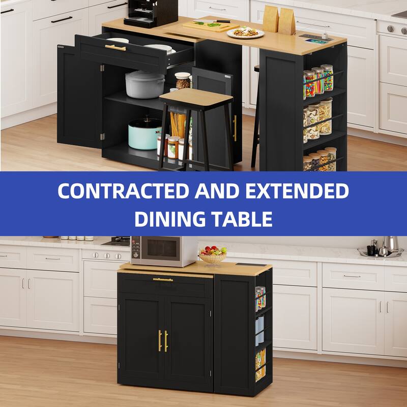 Moasis Kitchen Island with Seating & Extendable Dining Table,Mobile Storage Islands with 2 Chairs