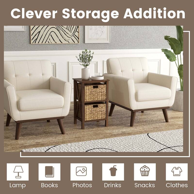 Costway 1/2 PCS 2-Tier Nightstand with 2 Seagrass Baskets Rubber Wood