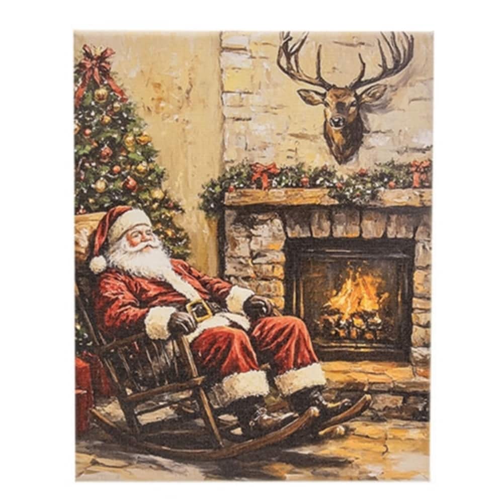 Rustic Winter Lodge Santa Canvas Wall Art Holiday Decor for Christmas Fireplace Room Display - 10" H x 8" W x .75" D
