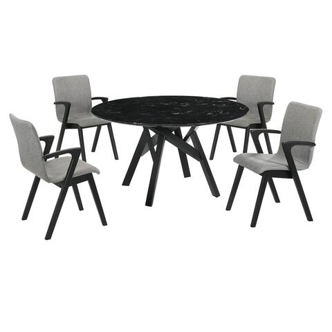 5 Piece Marble Top Dining Table with Angled Legs, Gray and Black