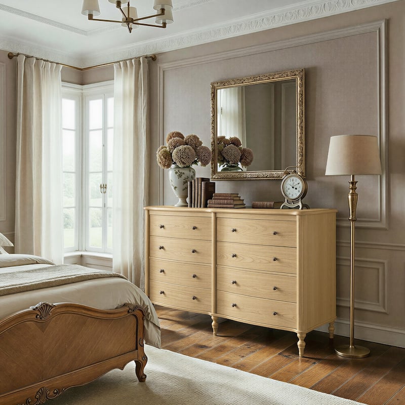 Elegant 8-Drawer Dresser with Solid Wood Legs, Vintage Curved Front Chest of Drawers for Bedroom Storage