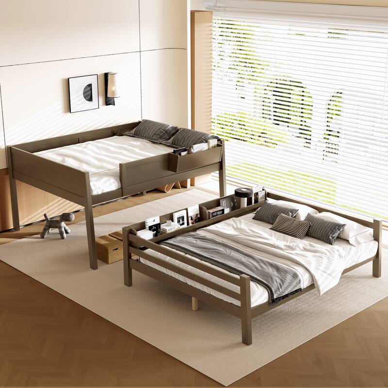 Queen Bunk Bed With Storage Shelf and Bookshelf,Wood Bunk Bed with Ladder and Guardrails,Detachable Design