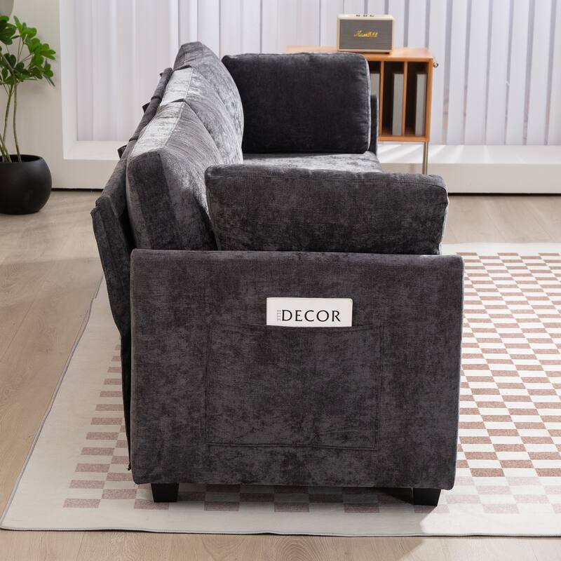 Chenille Upholstered 3 Seater Sofa, Cloud Sofa with 2 Pillows, Deep Seat Sofa with Storage Pocket for Living Room, Apartment