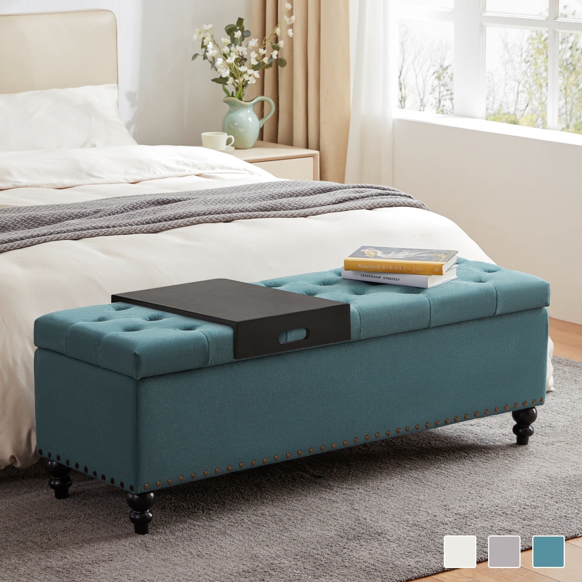 HUIMO 50 inch Button Tufted Storage Bench Ottoman with Removable Tray for Living Room Bedroom Beige Grey Bottom rivets design