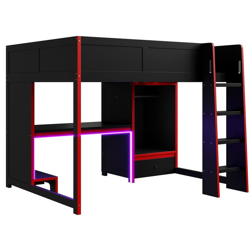 LED Gaming Loft Bed with Built In Desk, Drawer and Wardrobe, Solid Pine High Loftbed Frame, Wood Slat Support