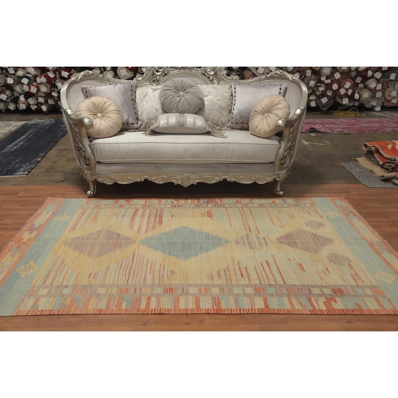 Hand Woven Southwestern Wool Yellow Geometric Area Rug - 8' 4'' X 4' 11''