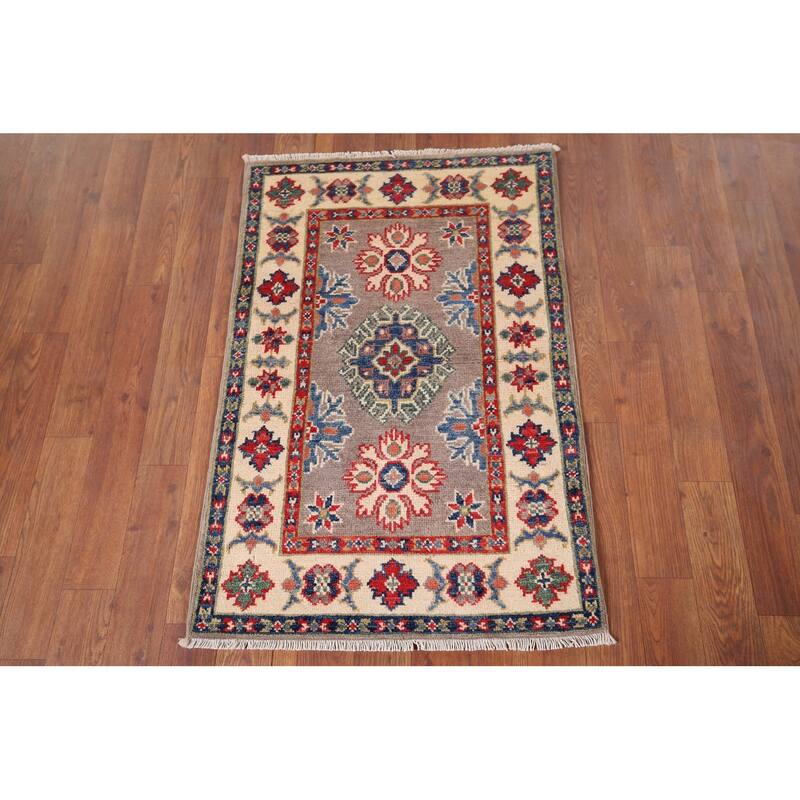 Hand Knotted Oriental 100% Wool Carpet Traditional Geometric Greys & Charcoal Kazak Area Rug - 3' 0'' X 2' 0''