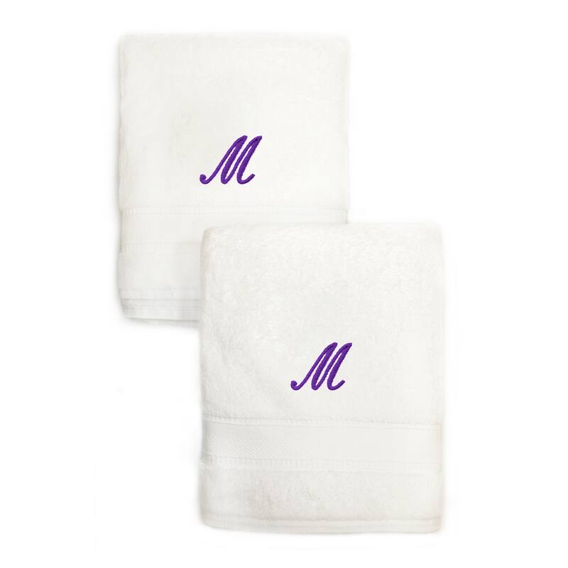 Sweet Kids 2-piece White Turkish Cotton Hand Towels Personalized with Lavender Purple Monogrammed Initial - White - M