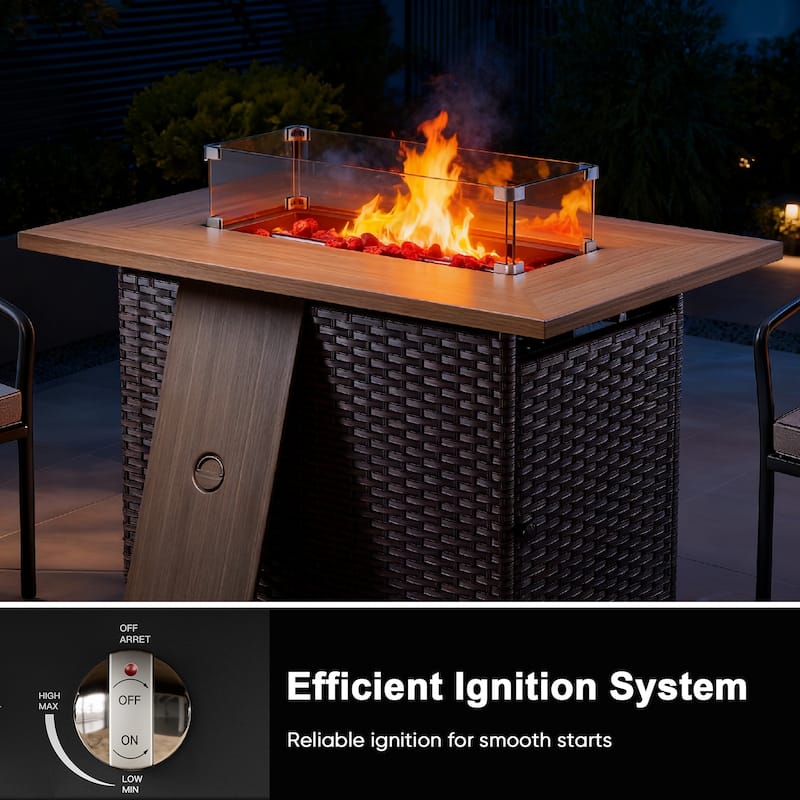 Meyreso 41 in. Rectangular Brown Wicker and Metal Propane Gas Outdoor Fire Pit Table with Lava Rocks, 50000 BTU