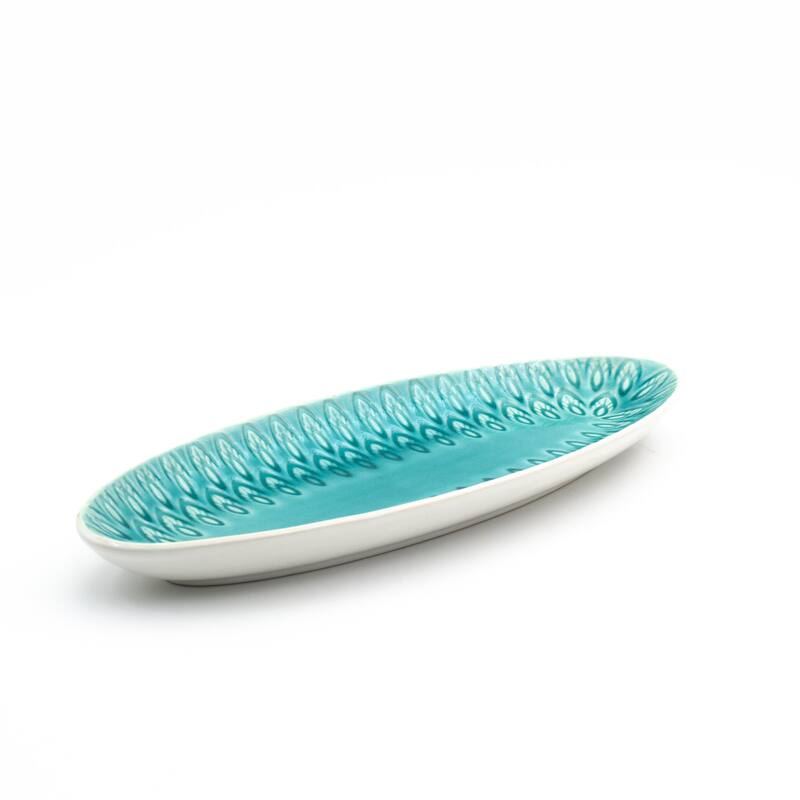 Euro Ceramica Peacock 13" Oval Crackle-Glazed Appetizer Platter - 13.63 in. x 4.81 in. x 1.38 in.