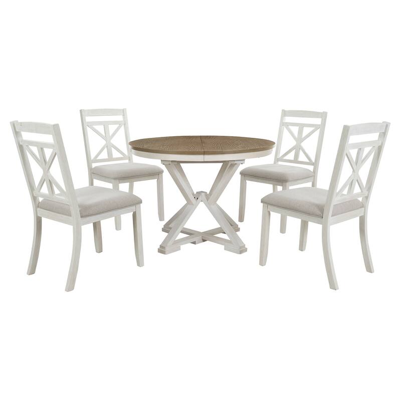 Retro 5-Piece Dining Table Set with Extendable Round Table and Upholstered Chairs for Dining Room
