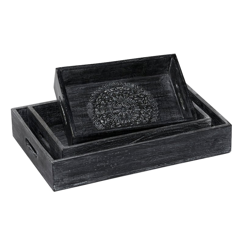 Black Wood Intricate Carved Floral Living Room Decor Tray (Set of 3) - 18 x 12 x 3