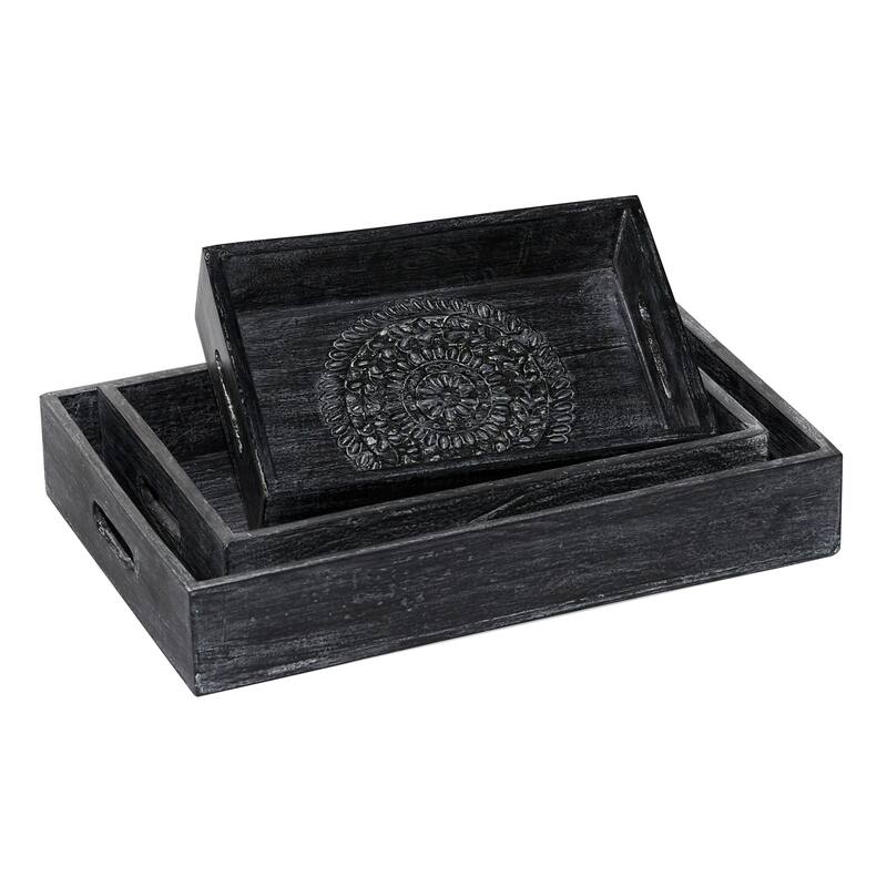 Wood Floral Intricate Carved Tray - Set of 3 Black - Roche River Decor - 12"W x 18"L x 3"H