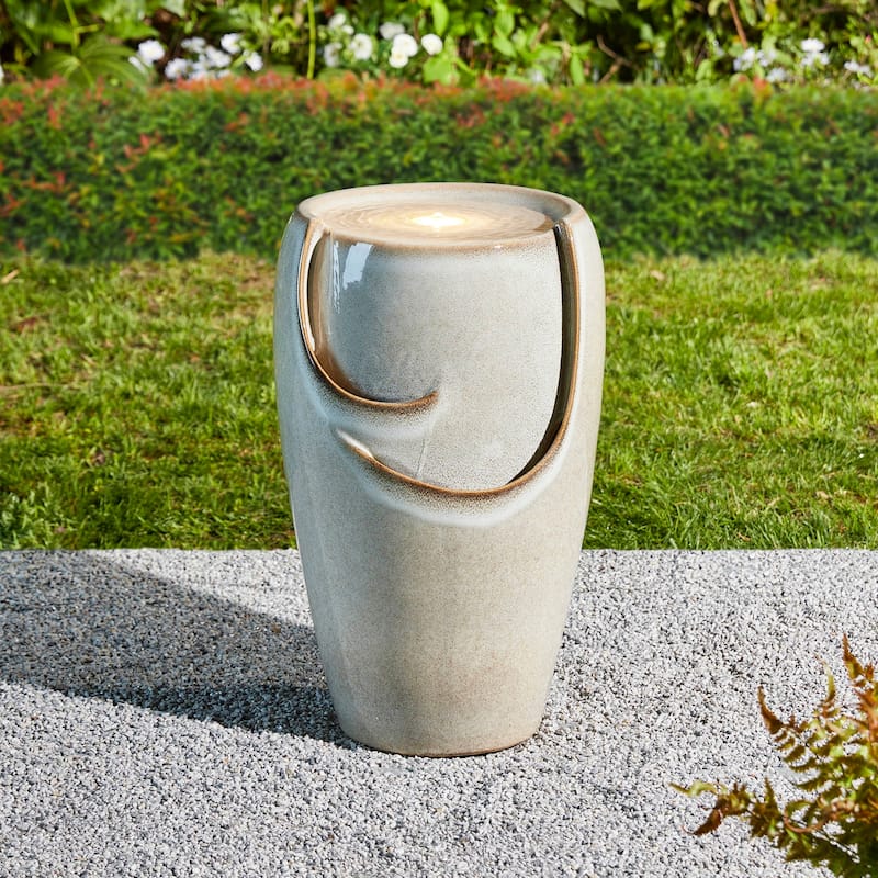 Glitzhome Oversized LED Lighted Ceramic Pot Floor Fountains for Outdoor Garden - Off-White - 21"H